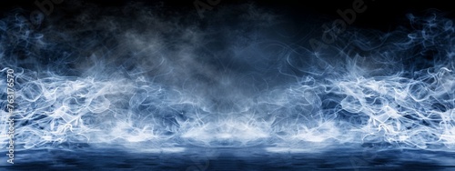 Panoramic view of the abstract fog. White cloudiness  mist or smog moves on black background. Beautiful swirling gray smoke. Mockup for your logo. Wide angle horizontal wallpaper or web banner.