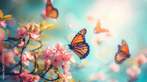 Butterflies alight on delicate pink spring blossoms, with a backdrop of soft sunlight and a clear blue sky