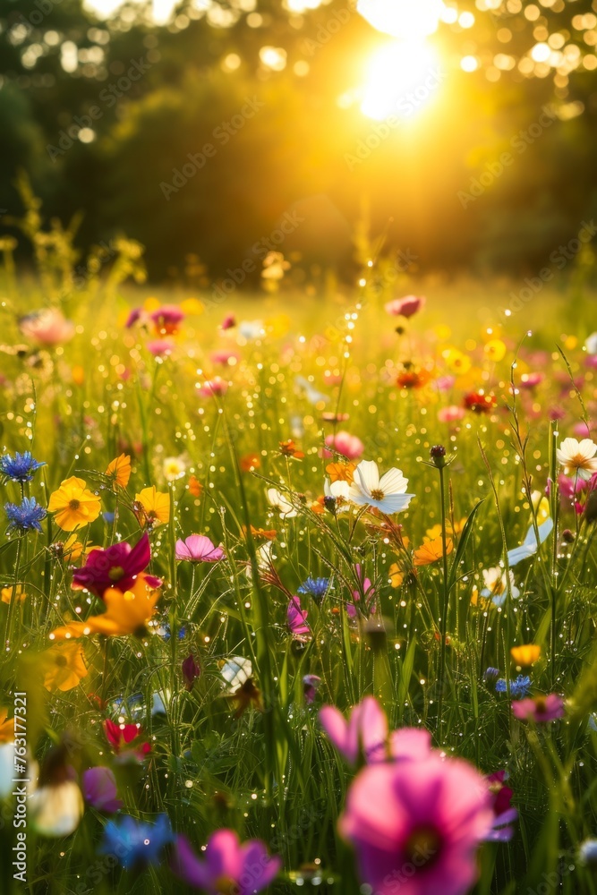 a lush meadow of wildflowers in a soft, golden radiance, highlighting the dewdrops on petals and grass