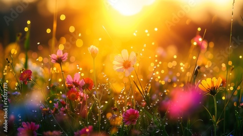 The golden sunrise casts a radiant glow over a field of dew-kissed flowers, creating a bokeh of light among the colorful petals © mikeosphoto