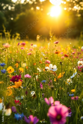 a lush meadow of wildflowers in a soft, golden radiance, highlighting the dewdrops on petals and grass © mikeosphoto