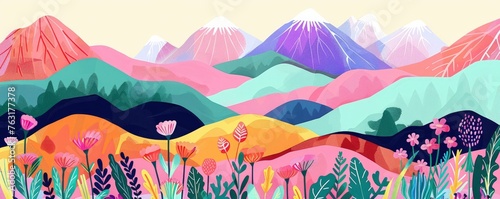 Colorful landscape with mountains and flowers, children book illustration