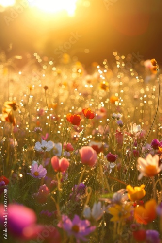 The first rays of dawn cast a glorious golden sheen over a meadow rich with dew-sprinkled spring flowers, creating a tapestry of light and color © mikeosphoto