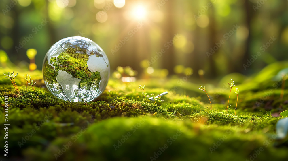 Crystal globe putting on moss, ecology and environment sustainable concept.