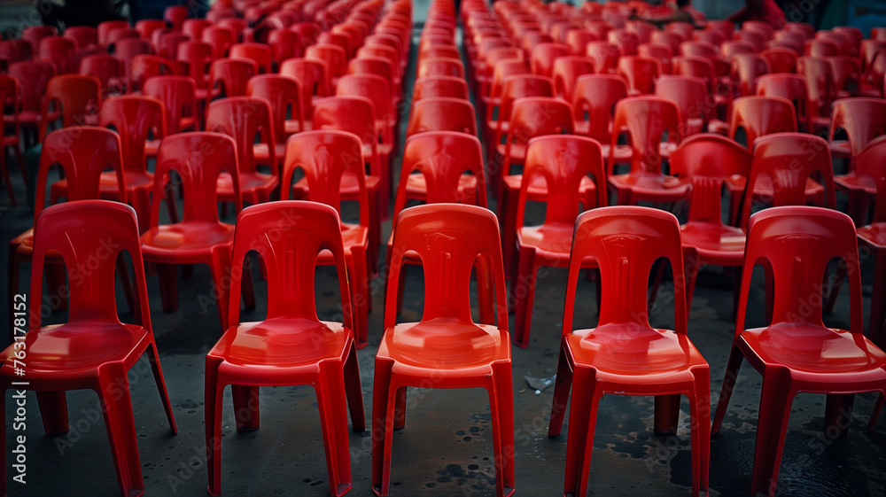 Naklejka premium Rows of red plastic chairs in an empty stadium