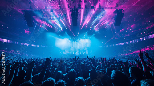 Concert crowd in front of a bright stage with bright stage lights