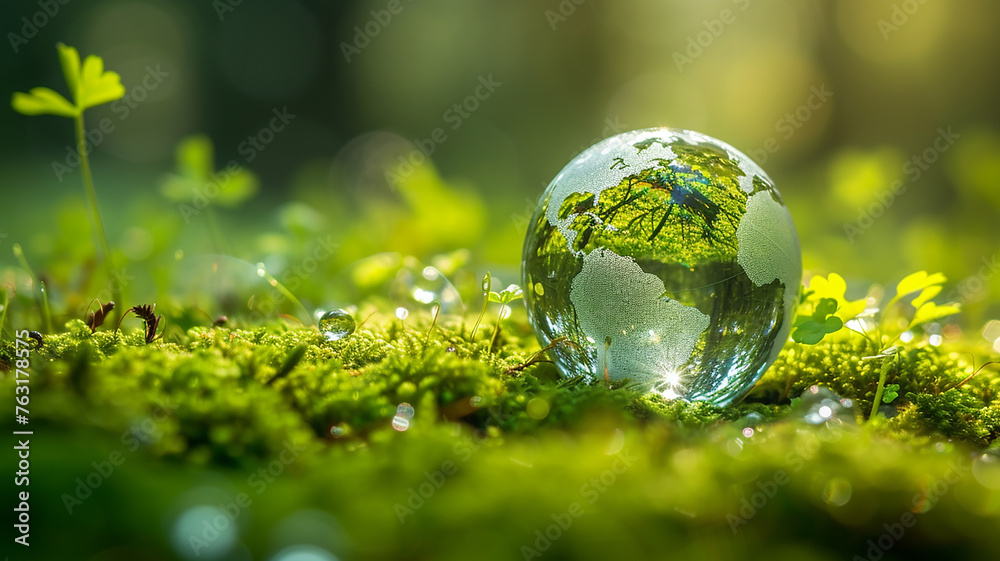 Crystal globe putting on moss, ecology and environment sustainable concept.