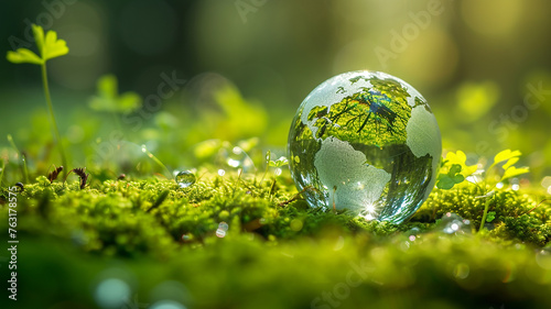 Crystal globe putting on moss, ecology and environment sustainable concept.