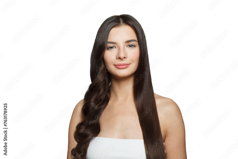 Cheerful brunette woman with straight and curly hair isolated on white background Cheerful brunette woman with straight and curly hair isolated on white background