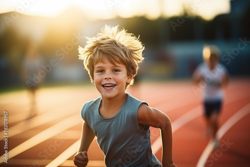 Sunset Chase: Boy with a Bright Smile Enjoying a Run on Track