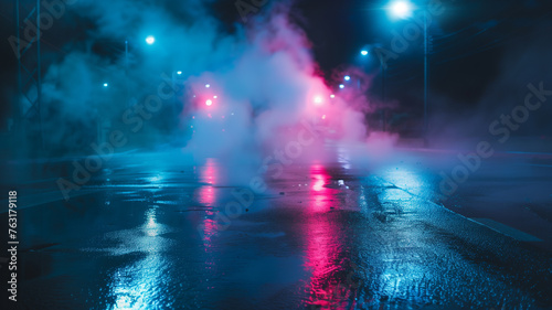 Foggy street at night with lights and fog. Abstract background. © kanurism