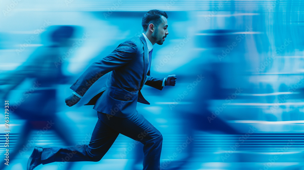 Business Mann im Anzug rennt mit verschwommenem Hintergrund wegen Termindruck Stresssituation Generative AI