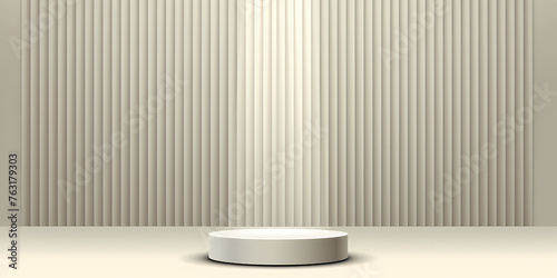 Abstract Beige Background With Empty Podium - A White Podium With A Curtain Behind It