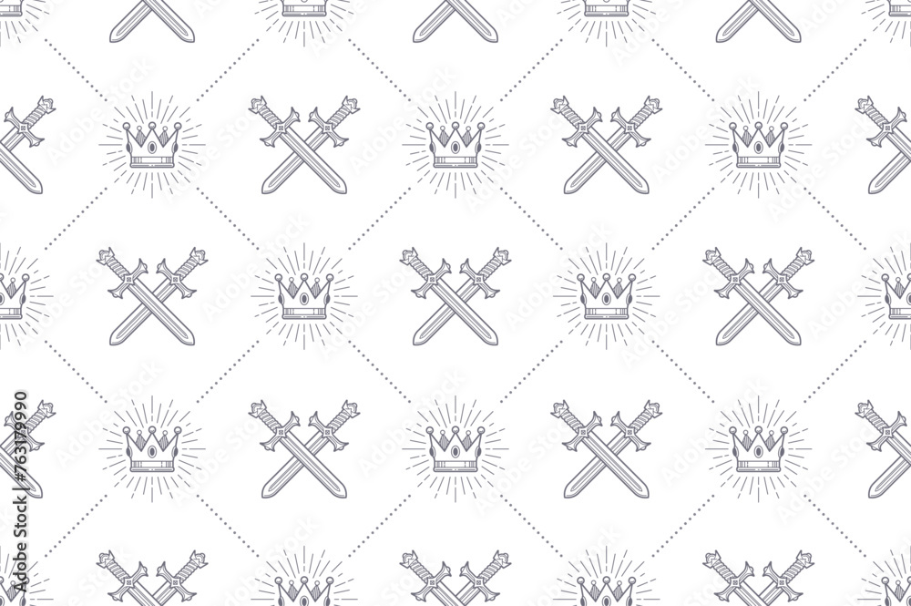 Seamless pattern with crossed swords and royal crown. Vector background design for wallpaper, wrapping paper, book flyleaf, envelope inside, etc.
