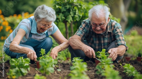 Growing, caring, and friendship are symbolized by an elderly couple gardening together. Generative Ai photo