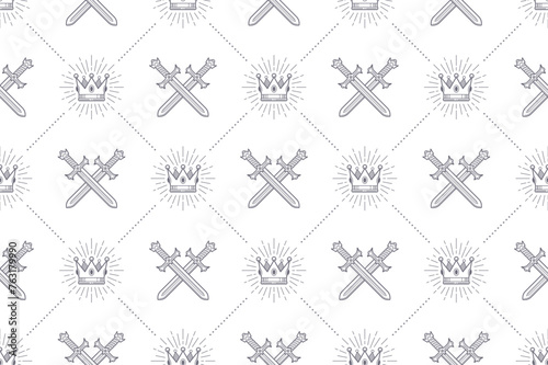 Seamless pattern with crossed swords and royal crown. Vector background design for wallpaper, wrapping paper, book flyleaf, envelope inside, etc.