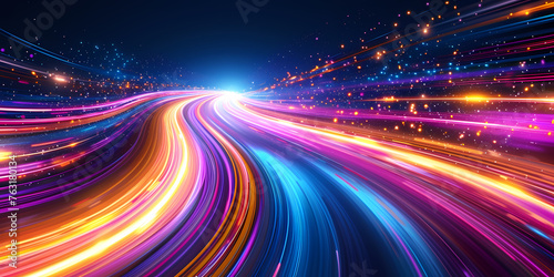 Abstract Background With Glowing Neon Curvy Lines - A Colorful Light Trails In The Sky