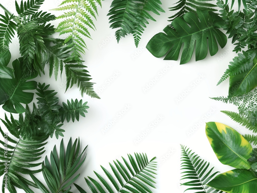 A variety of green tropical leaves creating a natural frame with a clear white space for text.
