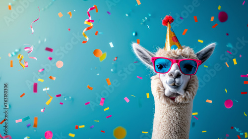 Happy Birthday, carnival, ,Alpaca with party hat and sunglasses on blue background photo
