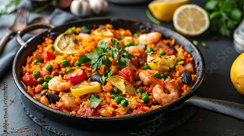 Healthy meal concept with a gray backdrop - vegan paella. Generative Ai