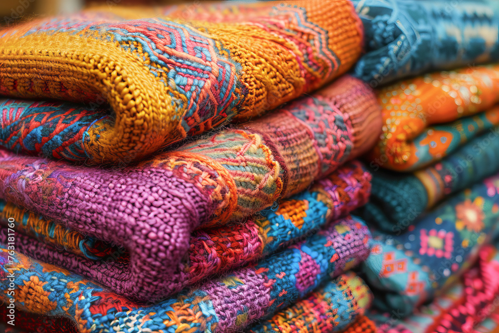 Colorful pastel woolen sweaters are carefully folded and stacked on the shelves of a winter clothing shop. The concept of warmth and warmth.
