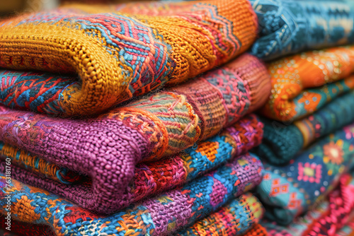 Colorful pastel woolen sweaters are carefully folded and stacked on the shelves of a winter clothing shop. The concept of warmth and warmth.