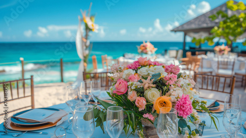 Traumhochzeit am Strand mit Hochzeitspaar Blüten im Sand und Wind im Haar Generative AI