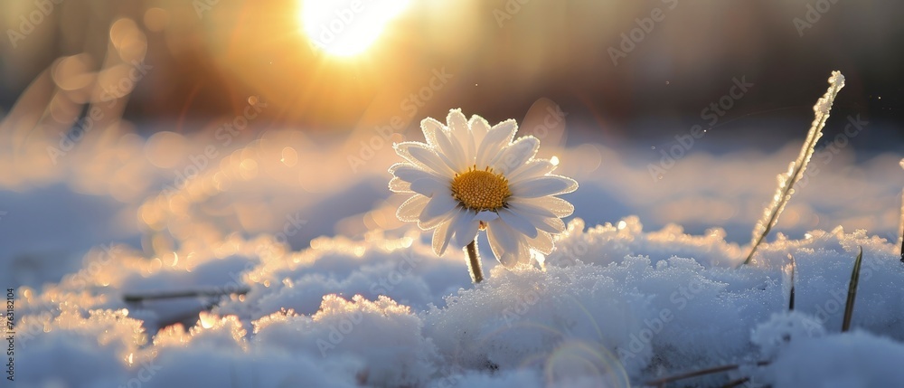 A beautiful snow-covered field, with a blooming daisy in the centre of it. The sun shines on that flower and illuminates everything around it. - obrazy, fototapety, plakaty 