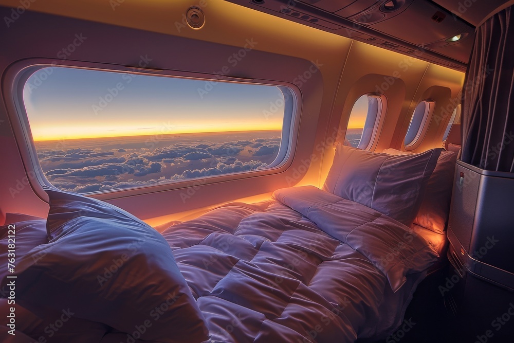 Luxury seat on flight. A large bed with a white comforter Luxury seat on flight. A large bed with a white comforter