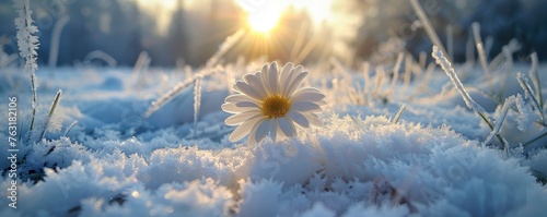 A beautiful snow-covered field, with a blooming daisy in the centre of it. The sun shines on that flower and illuminates everything around it. photo