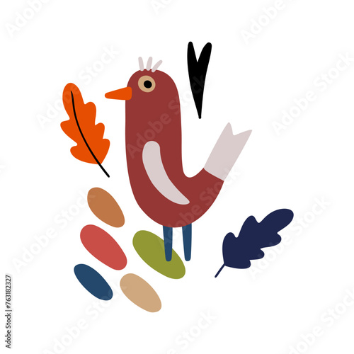 Autumn design in flat style, natural fall elements. Hand-drawn bird and leaves clipart. Isolated vector illustration on white background for postcards, textiles, websites and social media