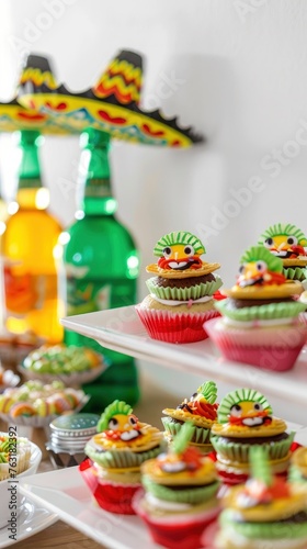 Cinco de Mayo-themed party featuring bright green bottles with sombreros.