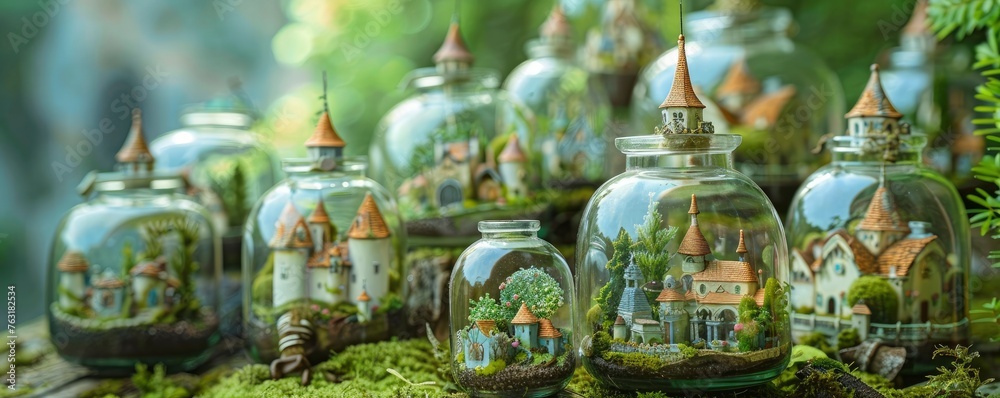 Beautiful fantasy miniature terrariums, glass jars with castles and beautiful gardens inside, fantasy cityscapes and architecture.