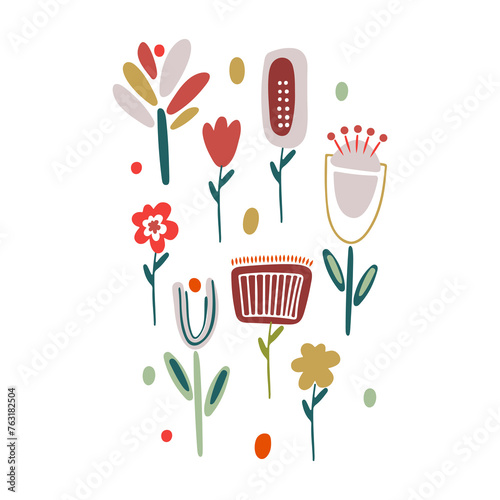 Autumn design in flat style, natural fall elements. Hand-drawn mushroom, .physalis, leaves and berries clipart. Isolated vector illustration on white background for postcards, textiles, websites