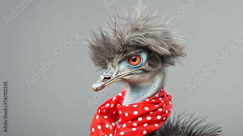 ostrich with red scarf with white polka dots
