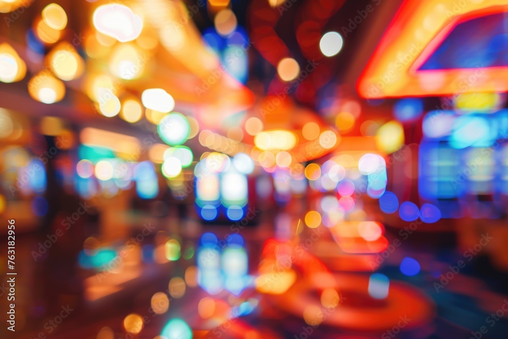 A blurred image of a casino interior, with the bright and colorful lights of slot machines creating an atmosphere of excitement and entertainment - obrazy, fototapety, plakaty 