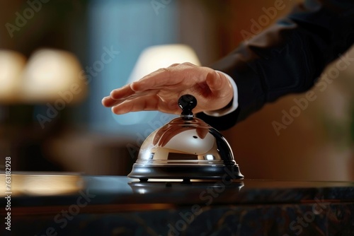 A hand pressing a service bell at a hotel reception, which could signify a guest's need for assistance or the beginning of a service interaction