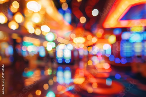 A blurred image of a casino interior, with the bright and colorful lights of slot machines creating an atmosphere of excitement and entertainment