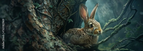 cute hare with the trees and foliage surrounding photo