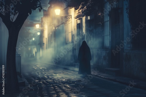 A ghostly figure is depicted in a dark and eerie street setting, which is an artistic representation likely inspired by the Mexican legend of La Llorona, often associated with Halloween © romanets_v