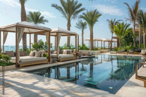 An exclusive poolside relaxation area with private cabanas and plush seating, set against a backdrop of the sea and palm trees, portraying a high-end resort ambiance © romanets_v