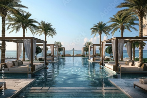 An exclusive poolside relaxation area with private cabanas and plush seating, set against a backdrop of the sea and palm trees, portraying a high-end resort ambiance