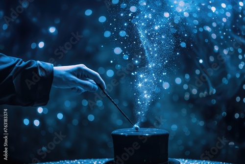 A magician performance, with a wand held over a hat from which a burst of sparkling stars is emanating, creating an illusion or magical effect on stage