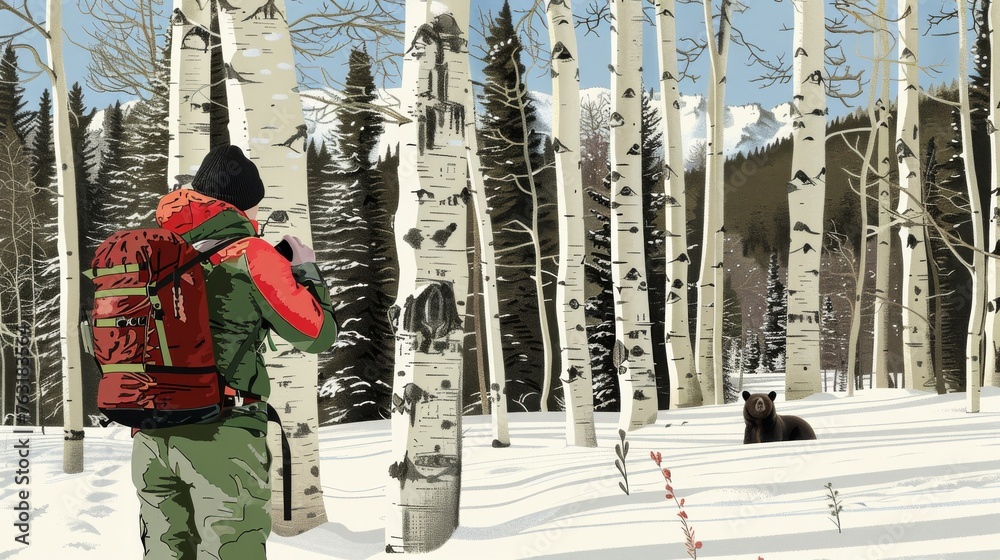 Obraz premium A man traveling in a snowy forest meeting a bear