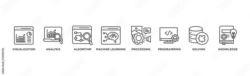 Data science banner web icon vector illustration concept with icon of Data Visualization, Data Analysis, Algorithm, Processing, Machine Learning, Programming, Solving, Knowledge Data science banner web icon vector illustration concept with icon of Data Visualization, Data Analysis, Algorithm, Processing, Machine Learning, Programming, Solving, Knowledge