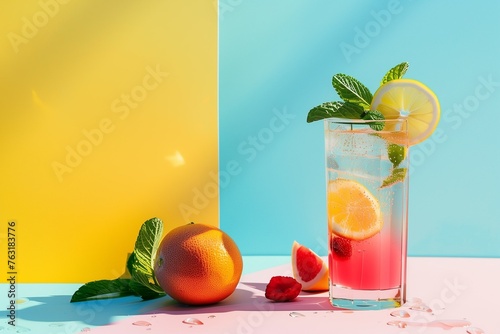  glass with a summer refreshing drink with lenon, lemonade with ice on the blue and yellow background with orange photo