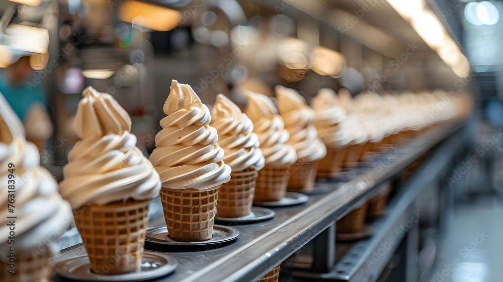 Ice cream cone production line at a dairy factory. Concept Dairy Factory, Ice Cream Production, Factory Machinery, Quality Control, Food Safety