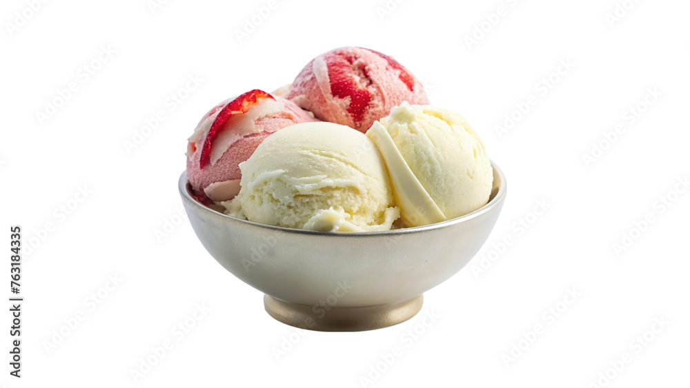 Vanilla and strawberry ice cream in a bowl. isolated on transparent background.