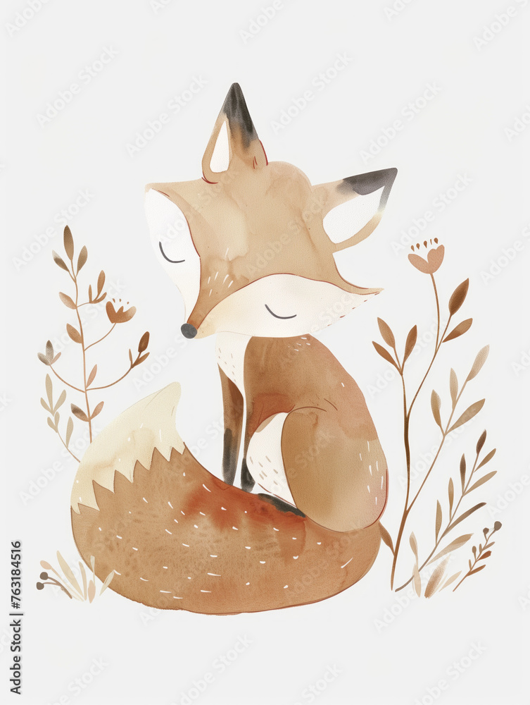 Fototapeta premium Serene fox illustration surrounded by delicate forest foliage.