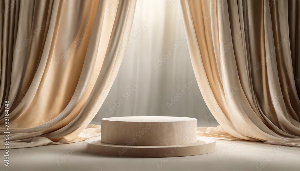 3D display podium with beige silk curtain, perfect for modern exhibitions 3D display podium with beige silk curtain, perfect for modern exhibitions